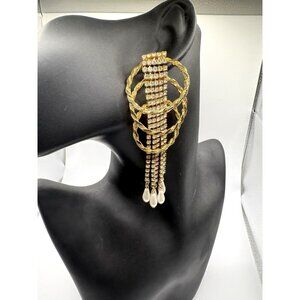 Gold Tone Rhinestone Large Formal Statement Dangle Pearl Earrings READ